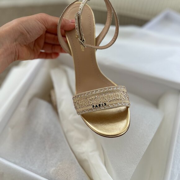 Dior Dway Heeled Sandal Gold-Tone Cotton Embroidered with Metallic Thread - Picture 4 of 15
